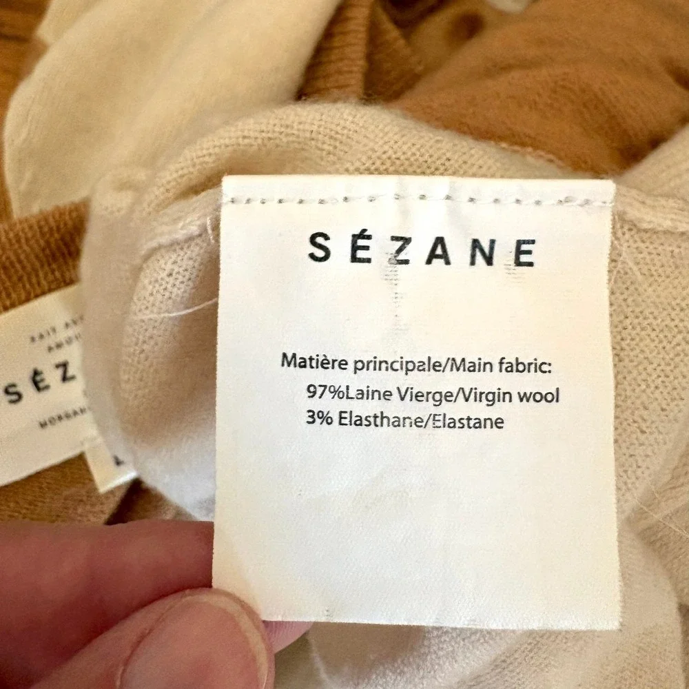 Sezane Virgin Wool Colorblock Cardigan Tan Cream Red L Quiet Luxury Chic Stretch